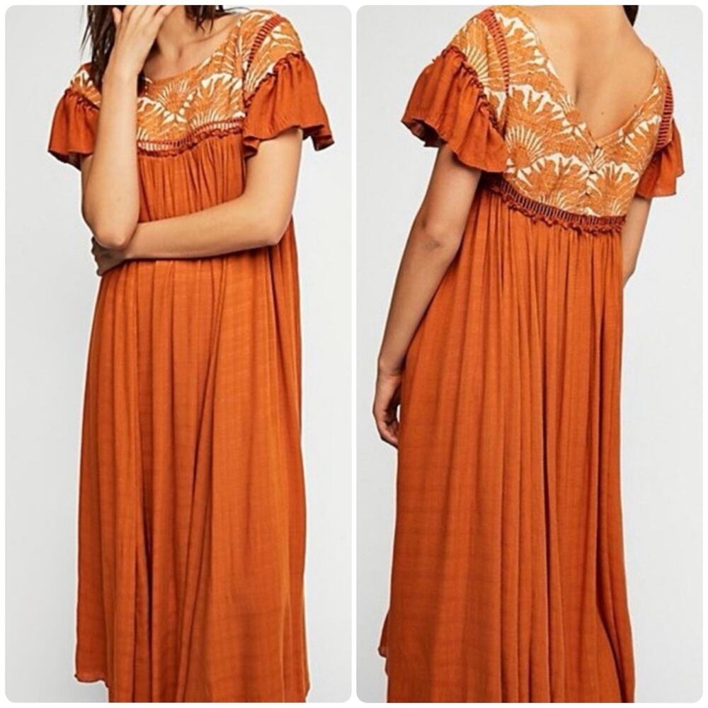 FREE PEOPLE Vintage Charm Relaxed Fit Flowy Embroidered Ruffled Midi Dress Sz XS - Picture 1 of 15